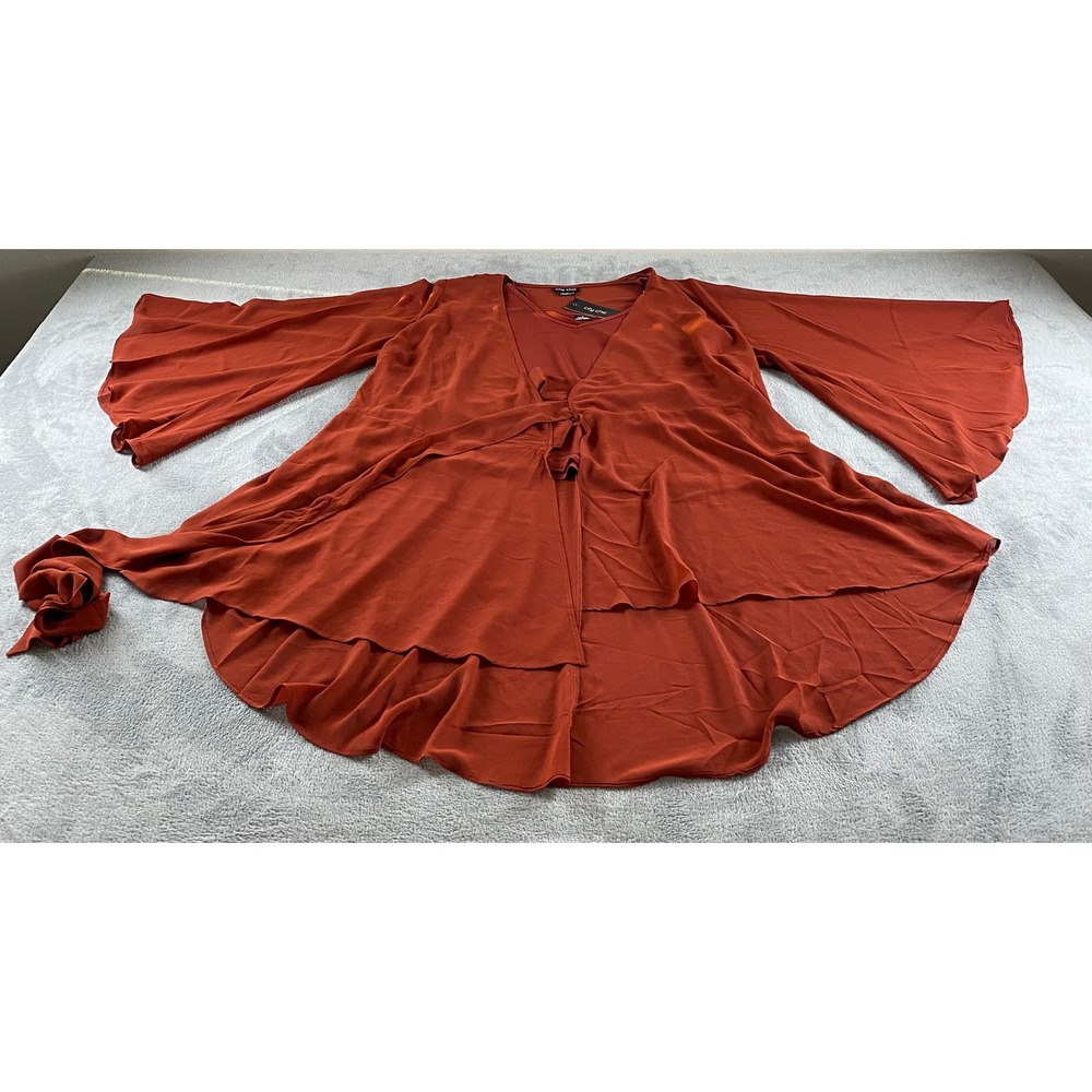 City Chic Womens Rust Orange High-Low Tie‎ Front Bell Sleeve Top Plus Size M NWT